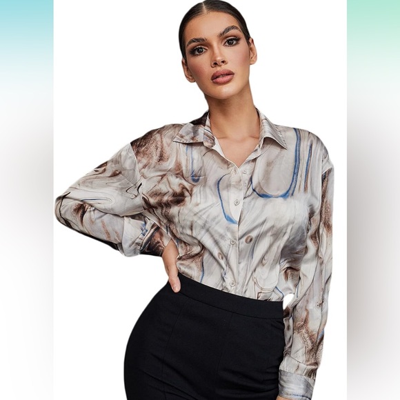 XL Satin Long Sleeve Button Up Down Blouse Marble Streak Print - Picture 3 of 5